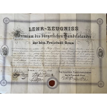 Esztergomban kiadott német nyelvű kereskedői bizonyítvány 1858-ból