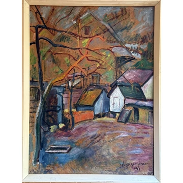 Nyergesi János (1895-1982): Falusi utcarészlet pasztell