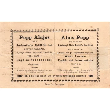 Popp Alajos (Alois Popp) órás reklámja 1902-ből Esztergom