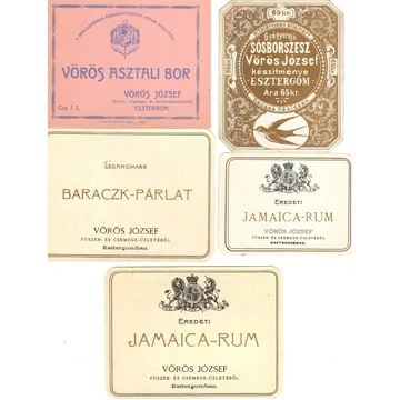 Vörös József  italkereskedő Esztergom 13 db italcímkéje