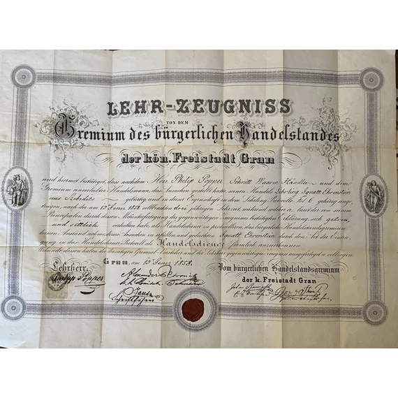 Esztergomban kiadott német nyelvű kereskedői bizonyítvány 1858-ból