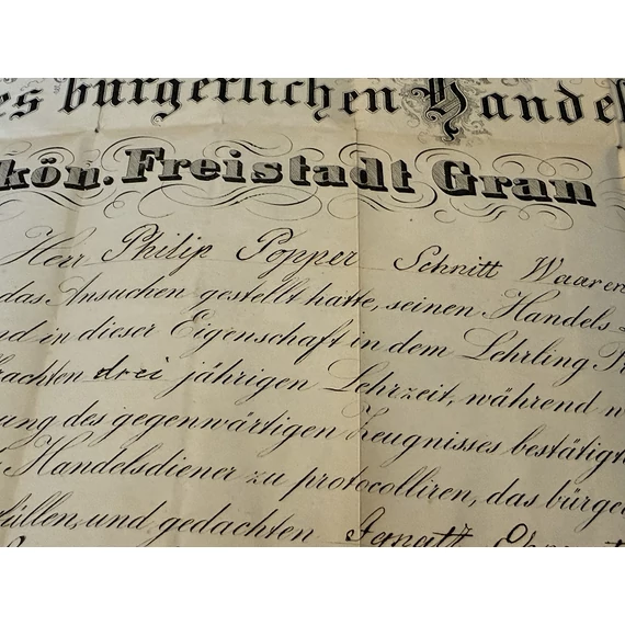 Esztergomban kiadott német nyelvű kereskedői bizonyítvány 1858-ból